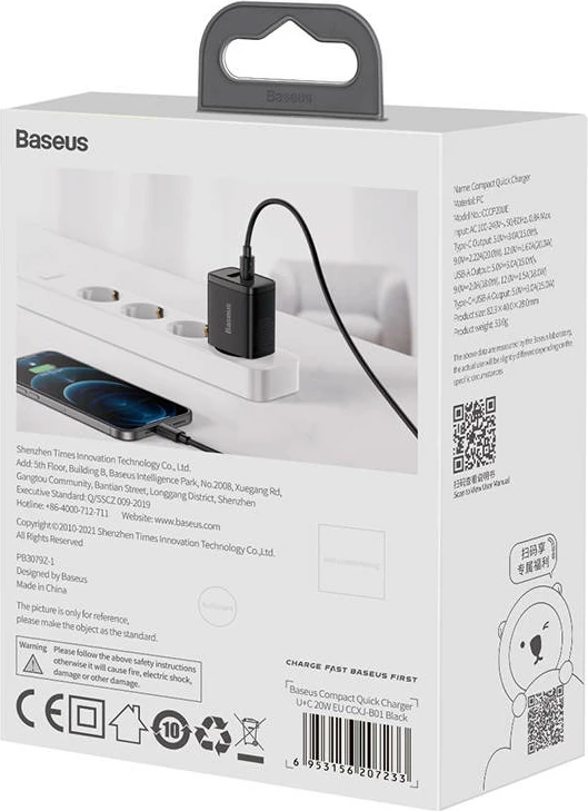Hitri polnilec, Baseus Compact CCXJ-B01, 20W, USB/USB-C, črn