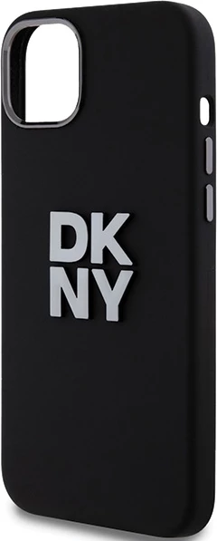 Ovitek za telefon iz tekočega silikona z metalnim logotipom za iPhone 15 Plus / 14 Plus, DKNY, črn