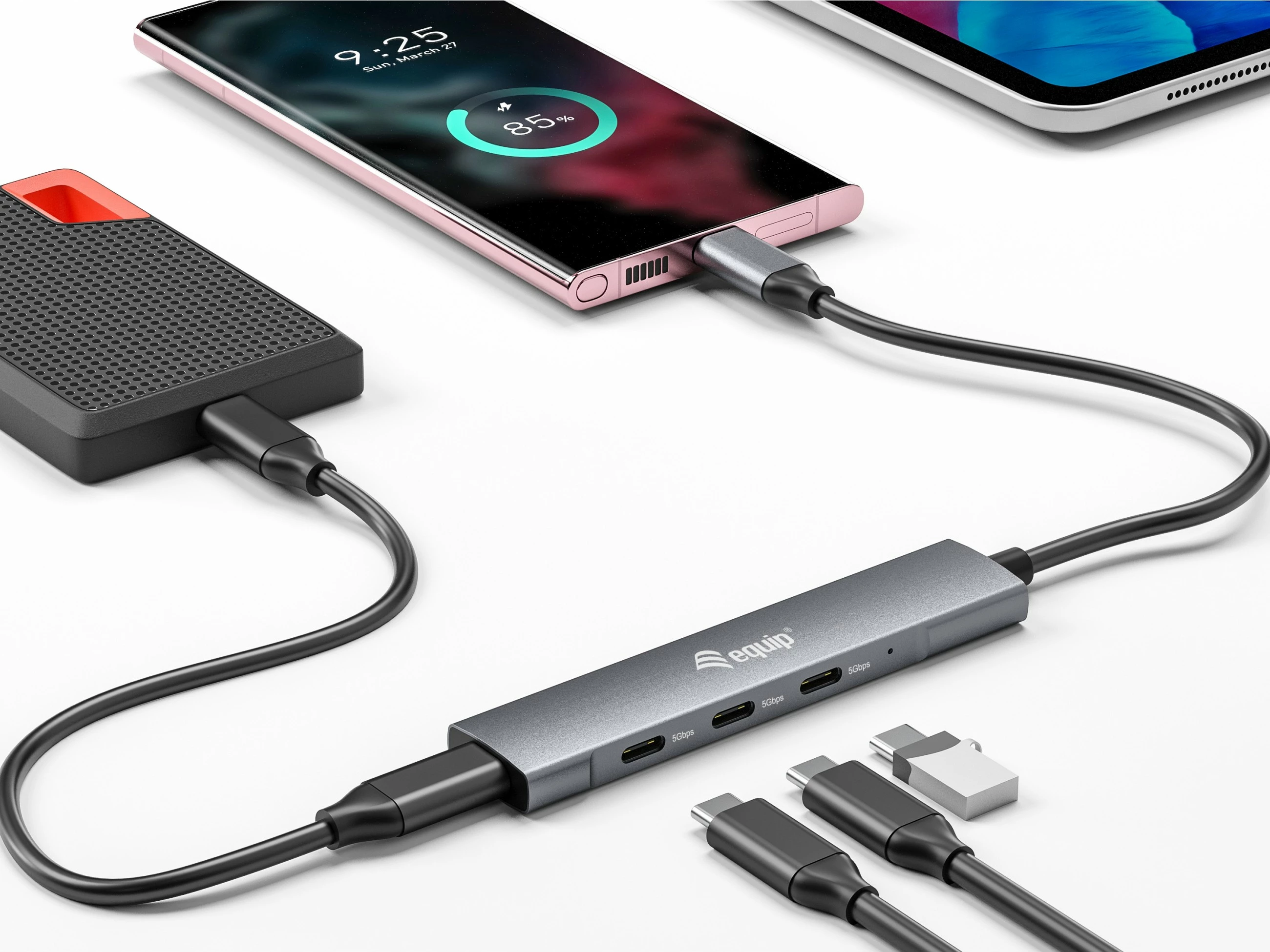 USB hub z 4 priključki USB 3.2 Gen 1 Type-C, aluminij, črno, srebrno, 0,15 m - Equip