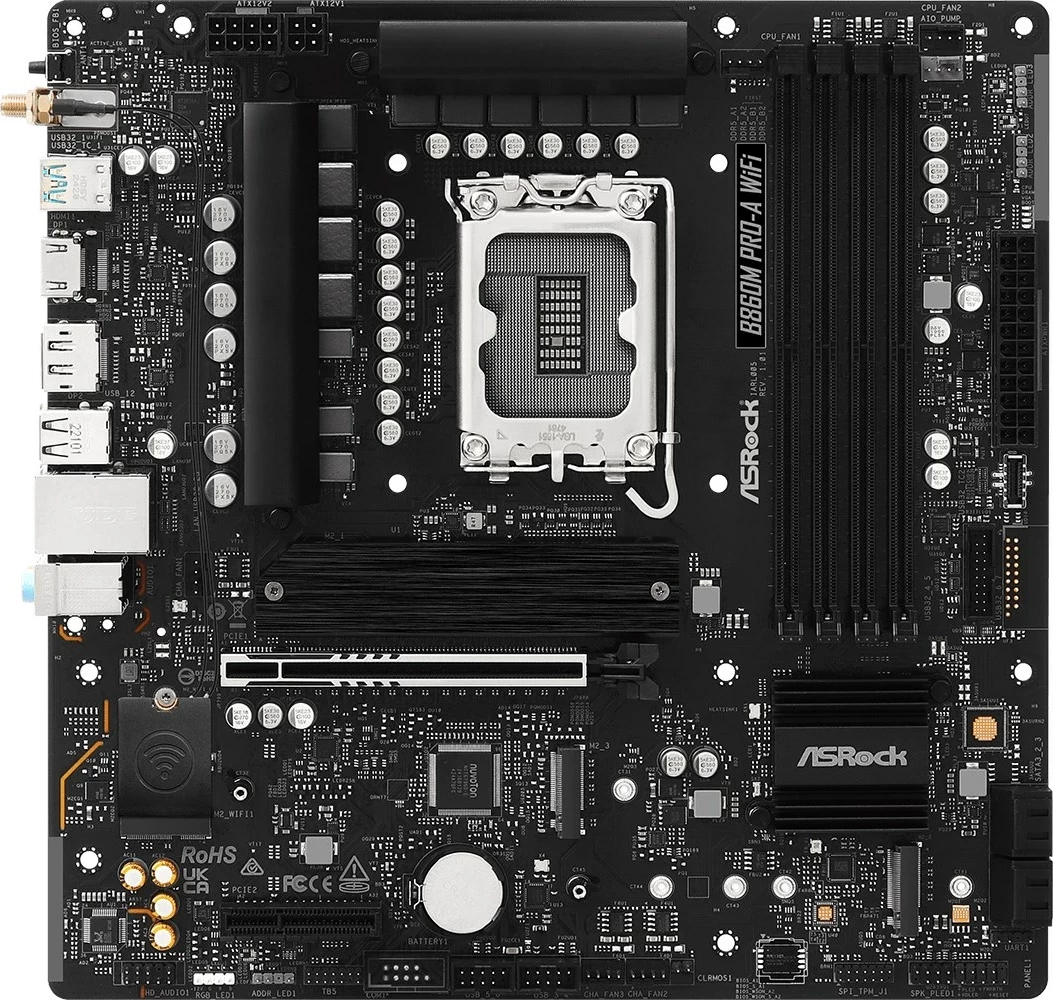 Plošča za matično ploščo ASRock B860M Pro-A WiFi, micro ATX, Socket 1851, 256 GB, črna