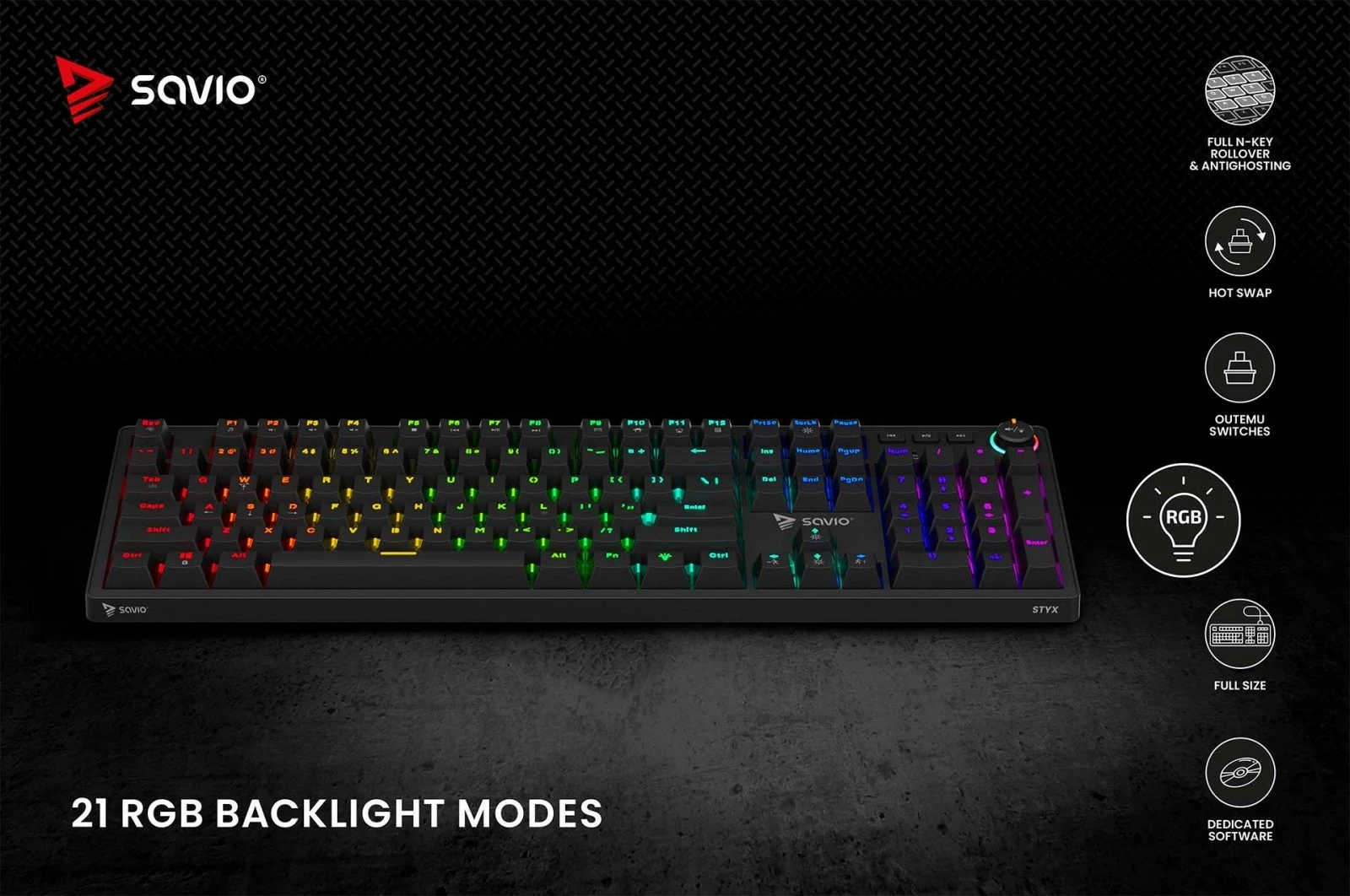 Mekanična tipkovnica Savio STYX RED, RGB, Hot Swap, s kablom, črna