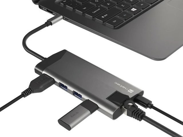 Večvratna priključna postaja Natec Fowler Plus, NMP-1690, 8 vhodov, USB-C PD, HDMI 4K, RJ45, SD/microSD, siva
