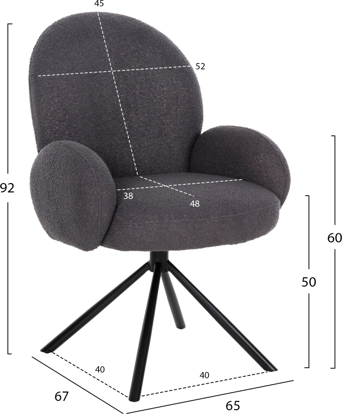 Vrtljiv naslanjač WINON FH9778.01 iz sivega tkanine TEDDY - črna kovinska osnova 65x67x92H cm