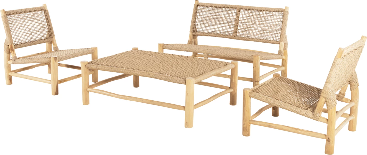 Zunanji 4-delni lounge set LONDER iz masivnega tikovega lesa in sintetičnega ratana v naravni barvi