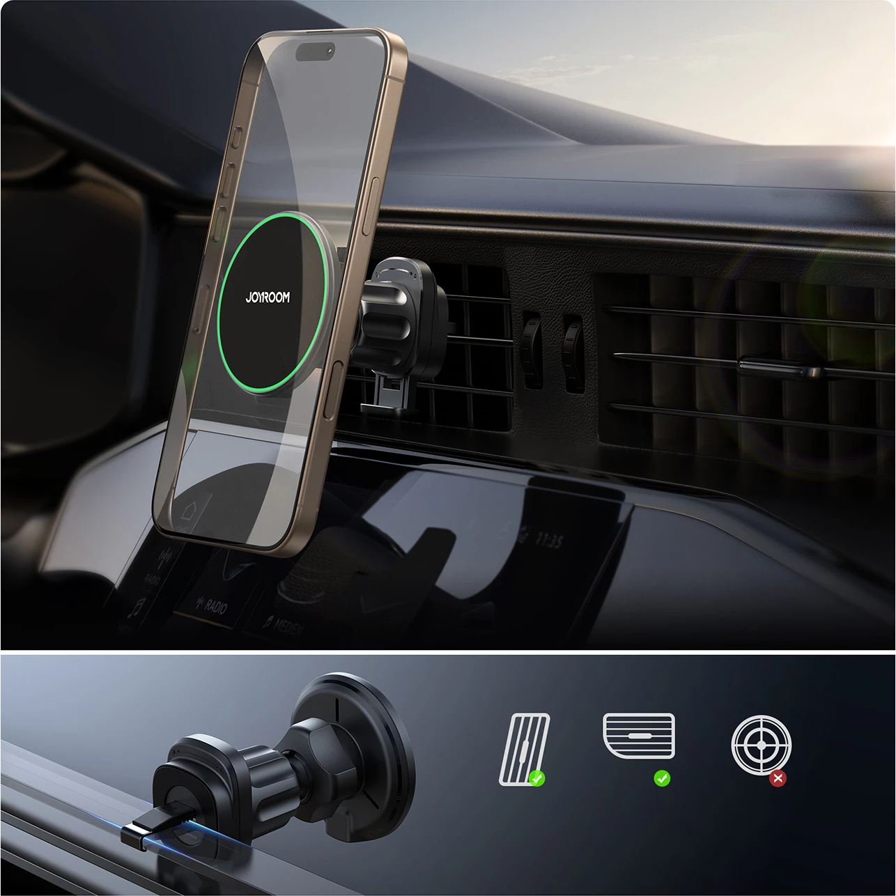 Magnetni nosilec za avto z brezžičnim polnjenjem Qi2 15 W, Joyroom JR-ZS412, za rešetko zračnika, MagSafe magneten, USB-C, združljiv 4,7–7", črn