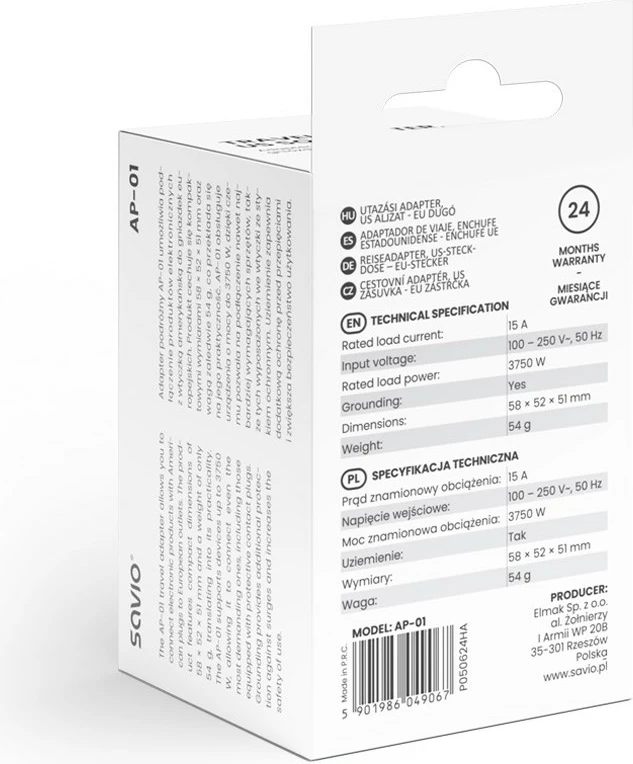 Adapter električen SAVIO AP-01, bel