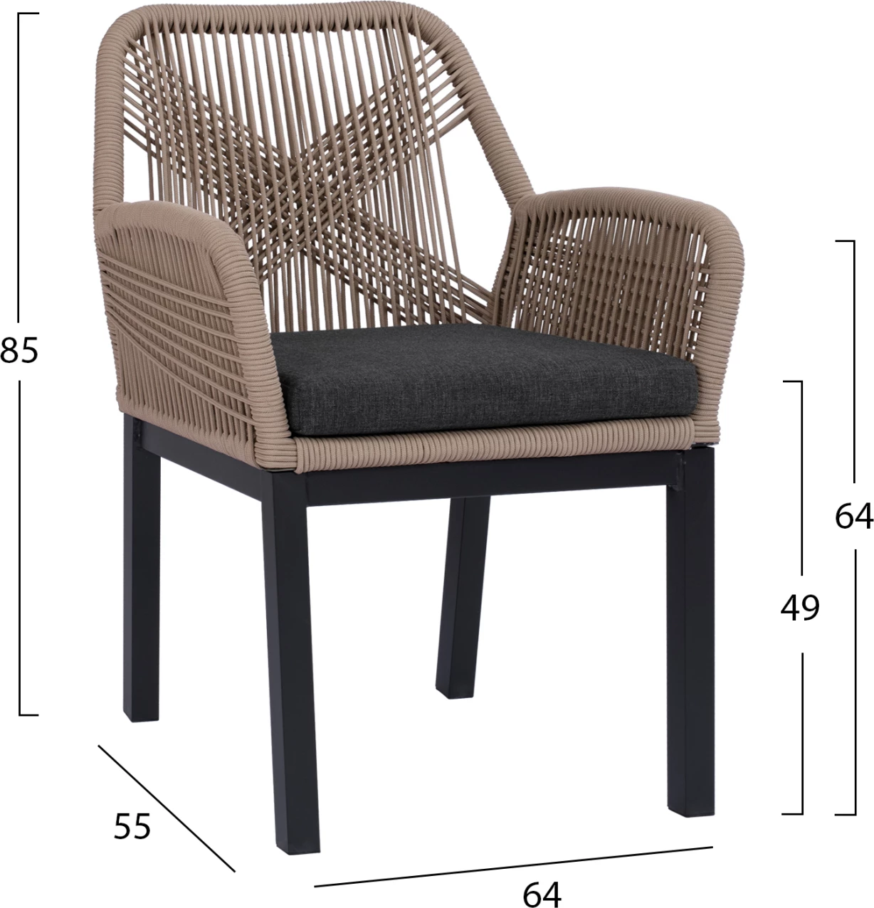 Aluminijasti naslanjač HOWARD ΗΜ5543.12 antracitne barve-bež P.E. vrv in temno siv vzglavnik 64x55x85Hcm, set 4 kosov