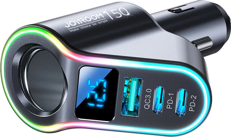 Avtomobilski polnilec Joyroom JR-CL21, 150 W, 3 vrata (USB-A QC3.0, 2× USB-C PD3.0), LED, črn
