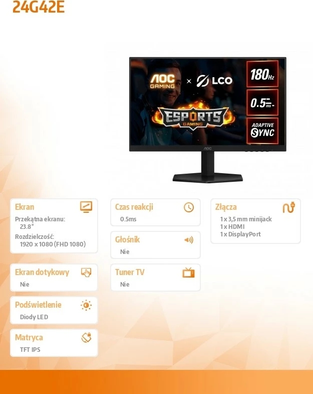 Gaming monitor 23,8" Fast IPS, 180 Hz, 0,5 ms, FHD, črno/rdeč — AOC 24G42E