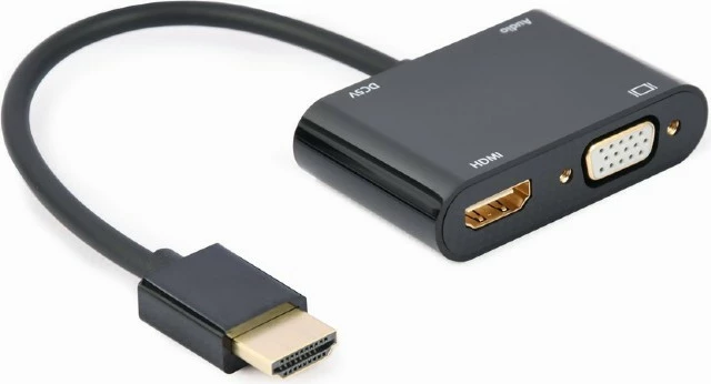 Adapter HDMI (moški na HDMI ženski + VGA ženski), z avdio in napajalnim priključkom, 15 cm, črn, Gembird A-HDMIM-HDMIFVGAF-01