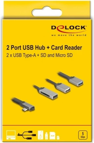 USB razdelilnik z 2 USB portoma, bralnik SD in Micro SD, USB Type-C, siv, DeLOCK
