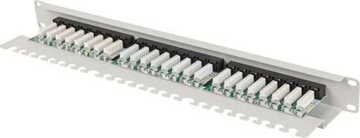Patch panel z 24 vrati, 1U 19", kat.5E, s sivo barvo in organizatorjem kablov LANBERG