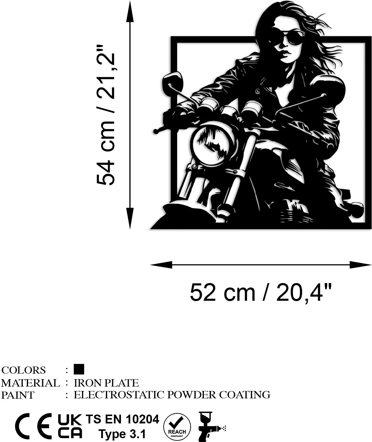 Dekorativni kovinski vzglavnik za steno Wallity Rider, črn, 52x54 cm