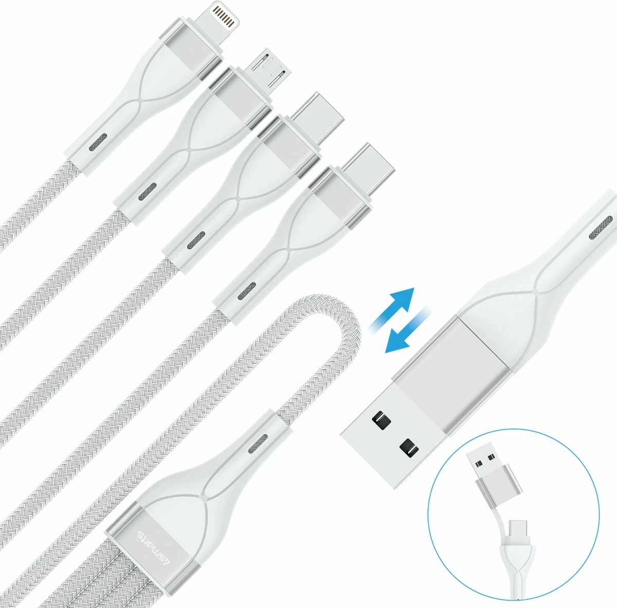 Večfunkcijski polnilni kabel USB-C/A 4in2 4smarts, 1,2 m, bel