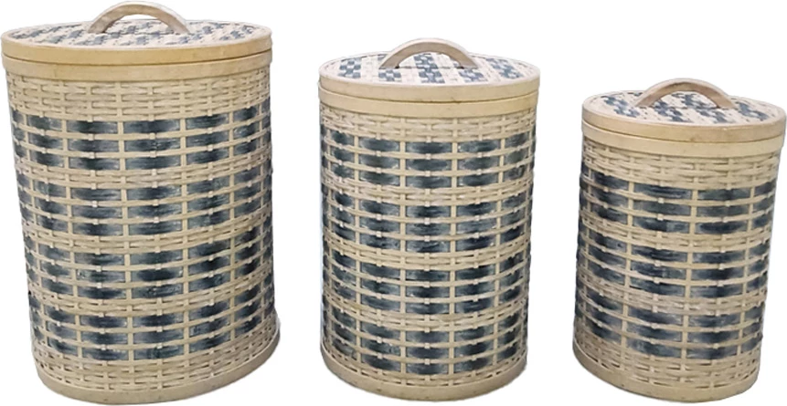 Set košar z zaščitnim pokrovom, 3 kosi, borovo leseno, bela z modrim pranim odtenkom, 36x36x52 cm