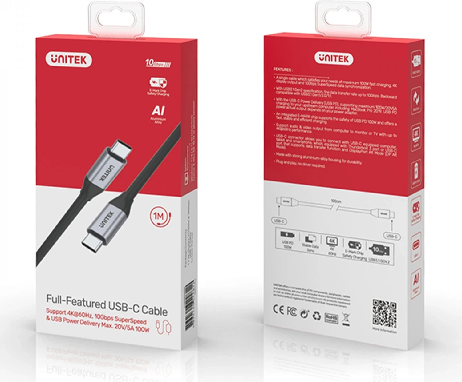 USB-C kabel za USB-C Unitek, 10Gbps, 4K 60Hz, 20V/5A, črn