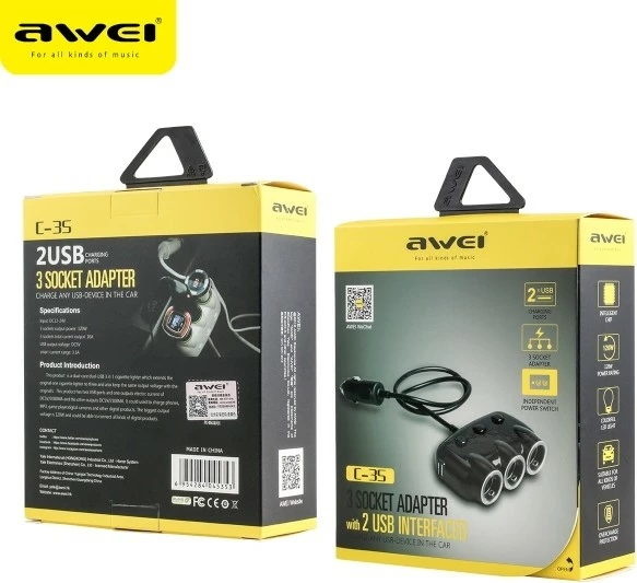 Razdelilec vžigalnikove vtičnice AWEI C-3S, 2x USB, 3 vžigalnikovi izhodi, črn