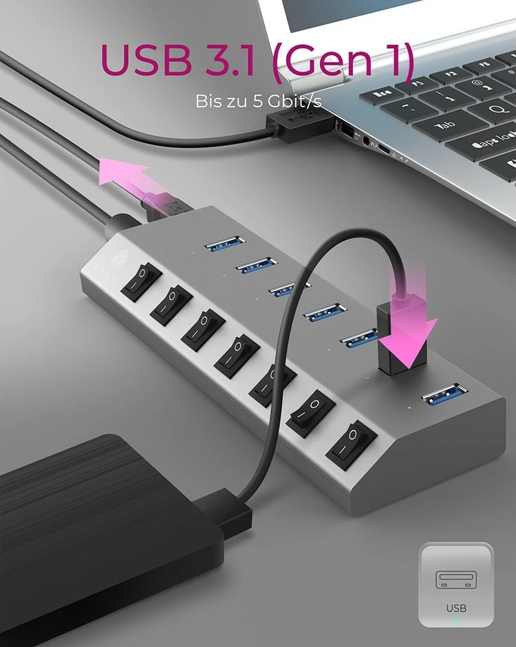 USB razdelilnik ICY BOX IB-HUB1701-C3, 7 vrat, USB 3.2, aluminij, antracit