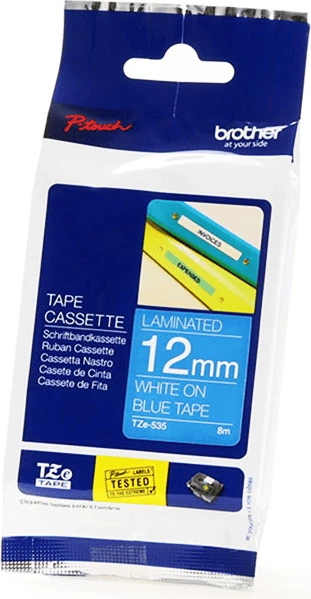 Etiketni trak Brother TZe-535, 12 mm, 8 m, belo na modrem