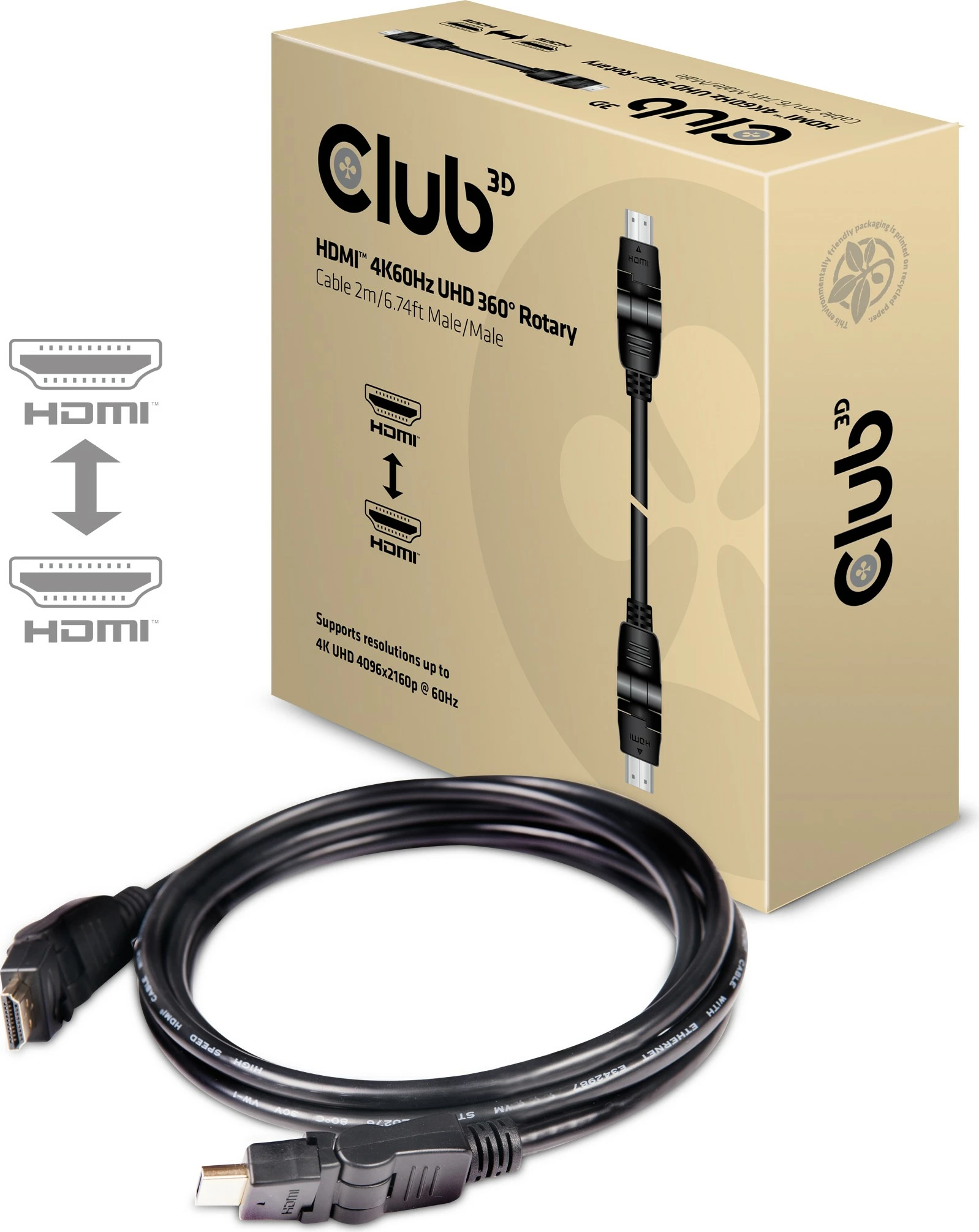 HDMI kabel Club3D 2.0, 2 m, vrtljiv, črn