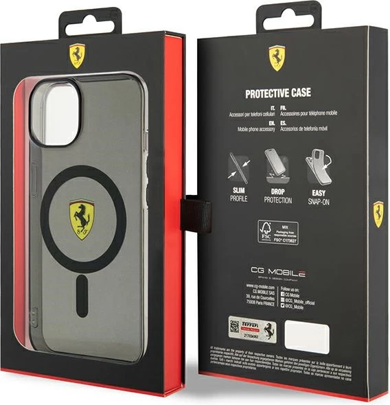 Prosojen ovitek za telefon MagSafe za iPhone 14 (6,1"), Ferrari, črn