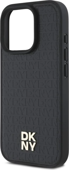 Ovitek za iPhone 16 Pro z MagSafe in reliefnim logotipom, DKNY Repeat Pattern Stack, črn