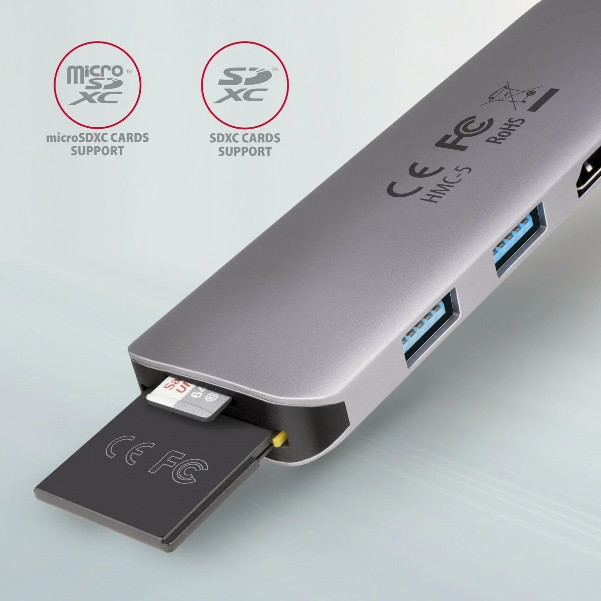 Multiport adapter AXAGON HMC-5, 5 vrat, USB-C, HDMI 4K, SD/microSD, Power Delivery 100W, 20cm, črno/siv