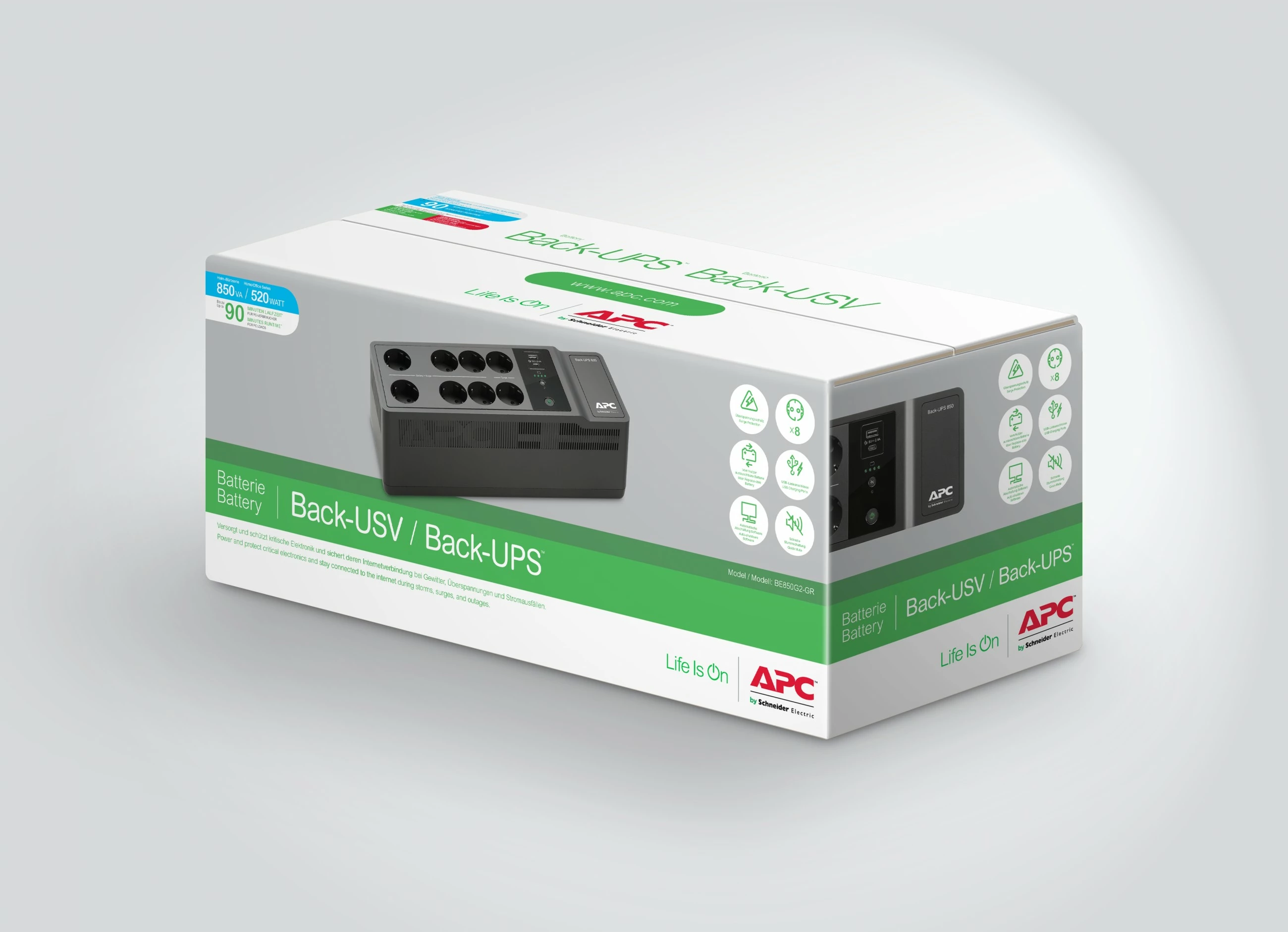 UPS za nujno napajanje APC Back-UPS BE850G2-GR, 850 VA, 2 USB, 8 vtičnic, črn
