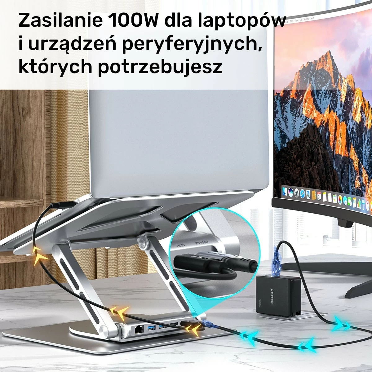 Stojalo za prenosnik Unitek USB-C HDMI 4K PD 100W, srebrno