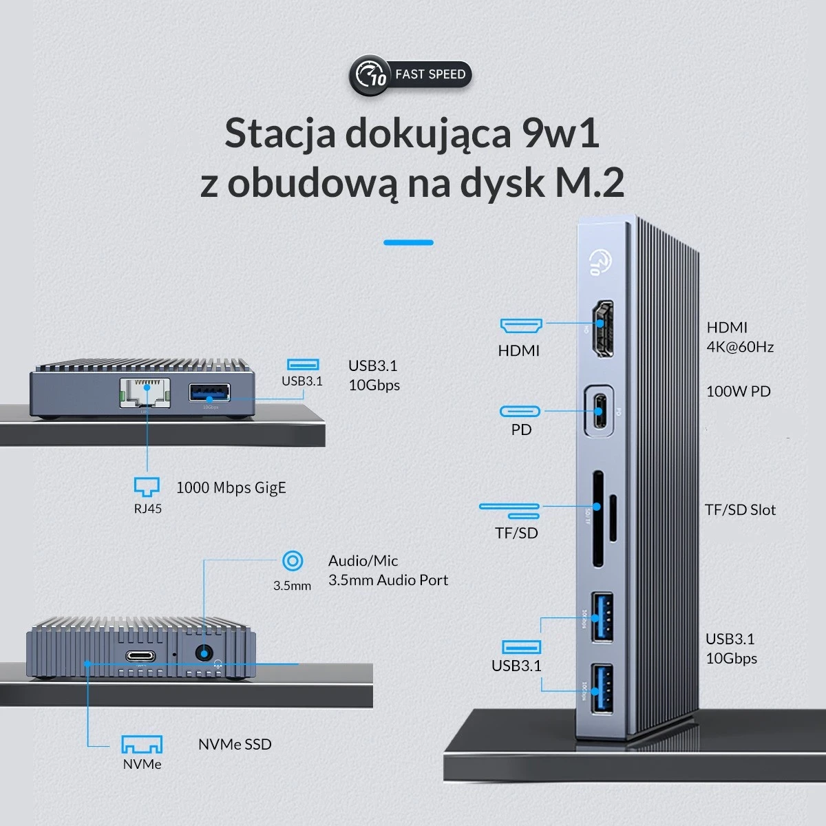 Docking postaja 9v1 NVMe, Orico, siva