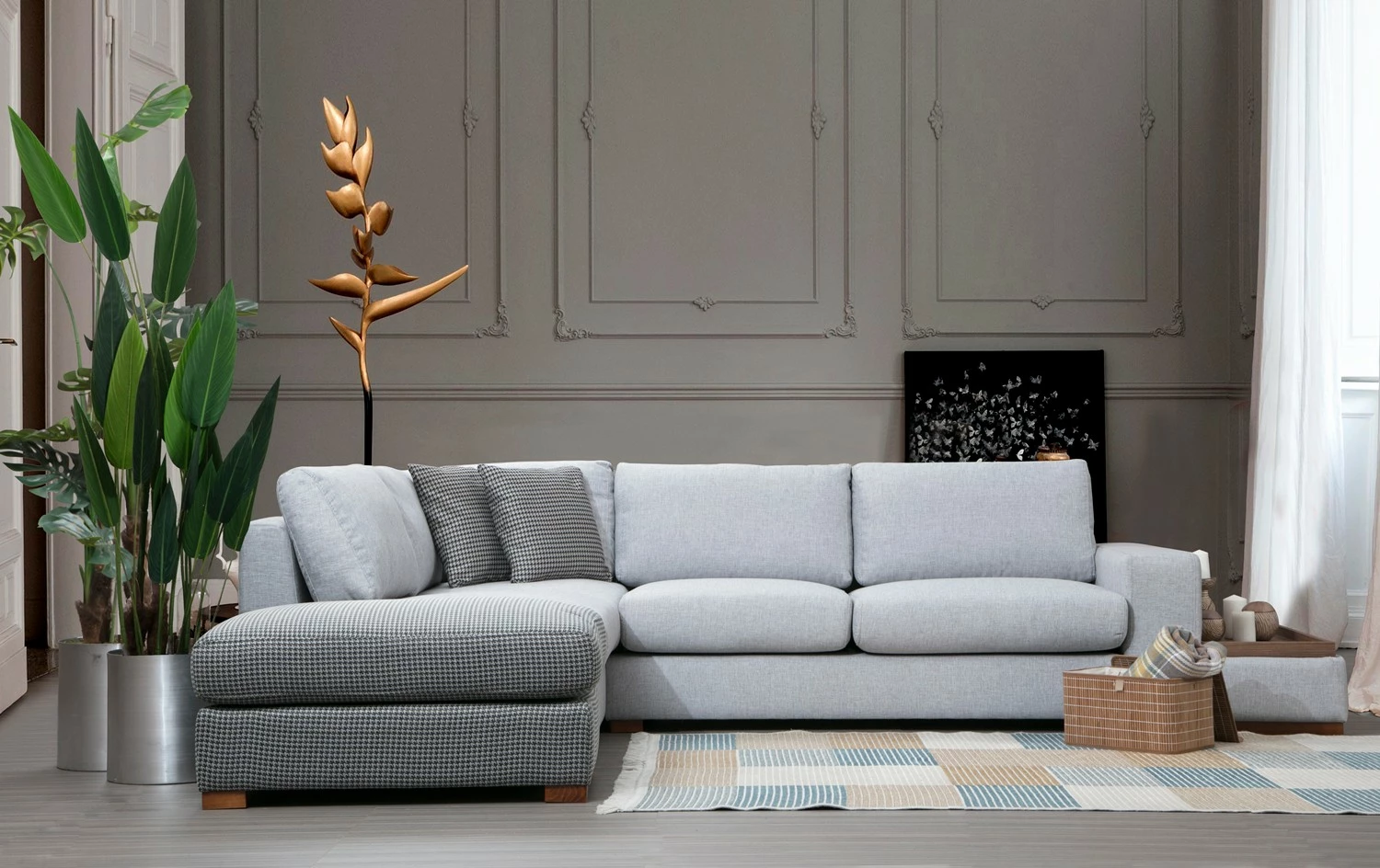Kotna sedežna garnitura Loop 3, siva, s počivalnikom in stransko mizico