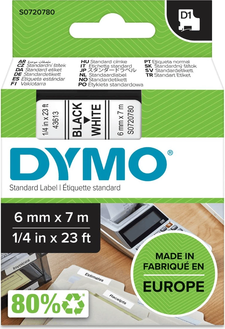 Etiketni trak D1 43613 / S0720780, Dymo, 6 mm x 7 m, črno na belem