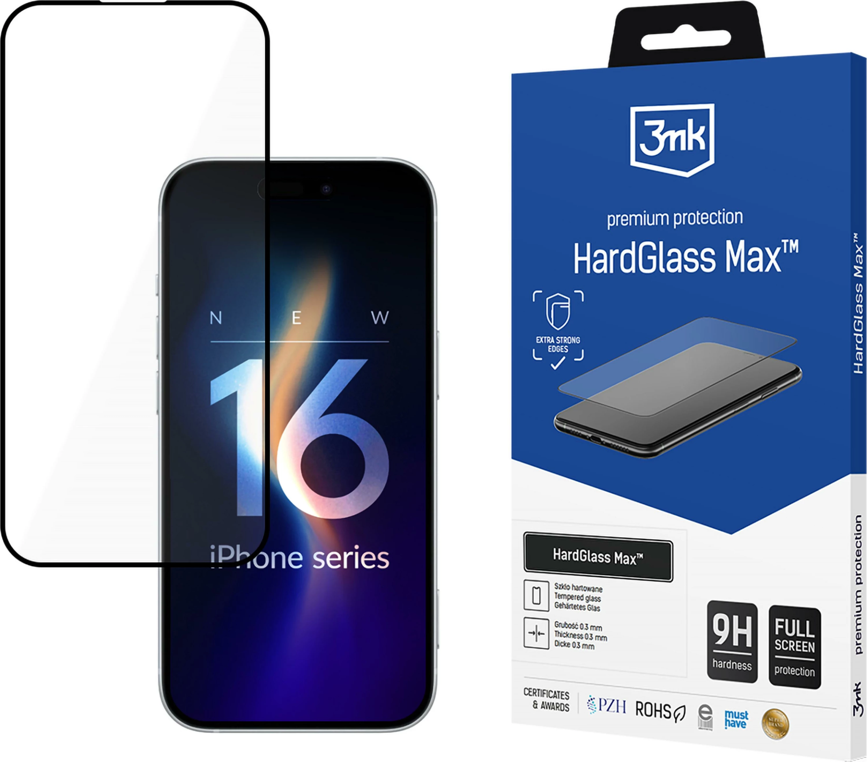 Kaljeno steklo 3mk HardGlass Max za iPhone 16 Plus, črno