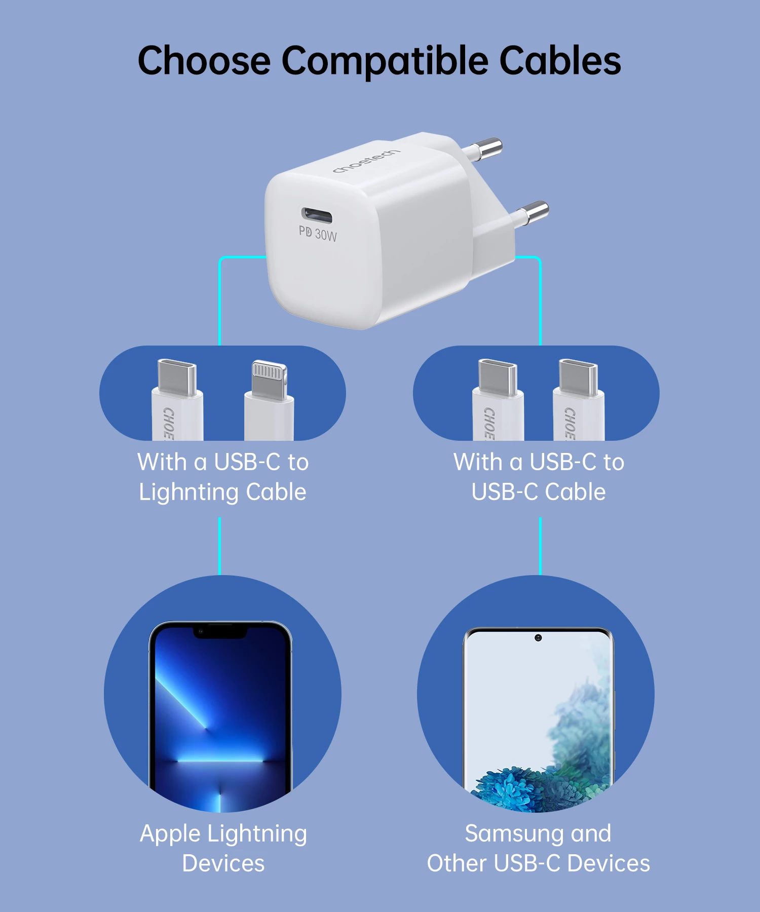 Stenski polnilec USB-C PD 30W, Choetech PD5007, bel