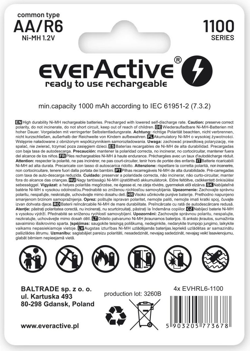 Polnilne baterije 1100 mAh, 4 kosov, zelena everActive Infinity Line AA R6