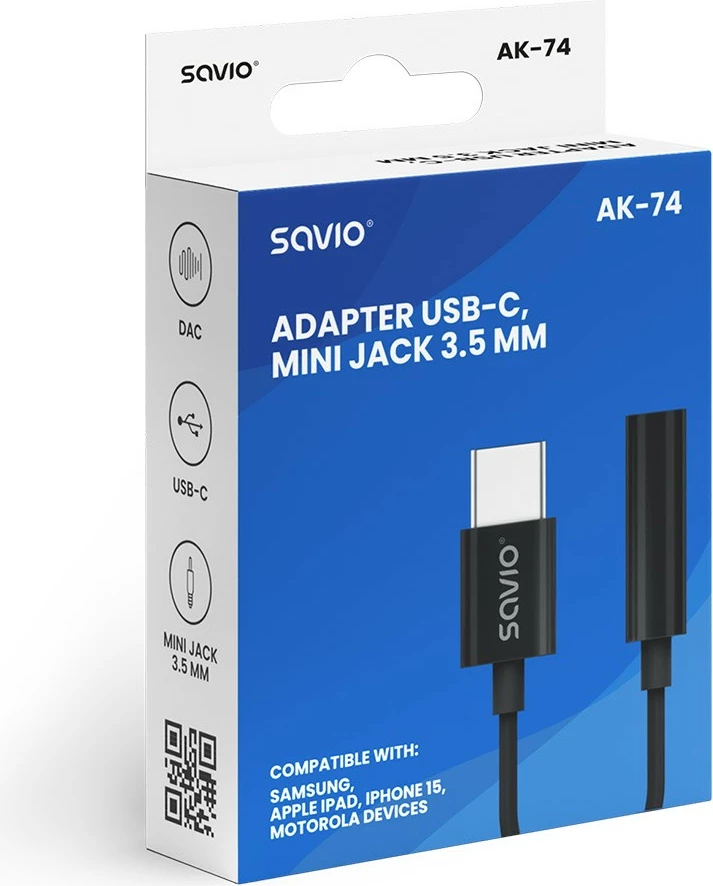 Adapter za zvok USB-C na 3,5 mm Savio AK-74, črn