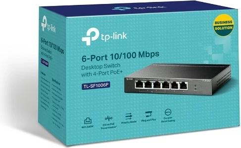 Stikalo 6 vrat, 4x PoE+, TP-LINK TL-SF1006P, namizno, črno