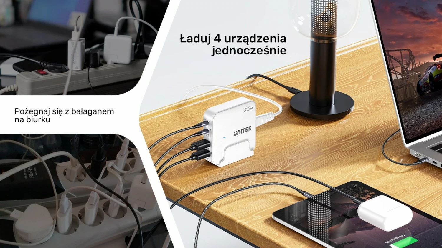 Močnikalni polnilec GaN 70W, 2x USB-A, 2x USB-C, bel Unitek