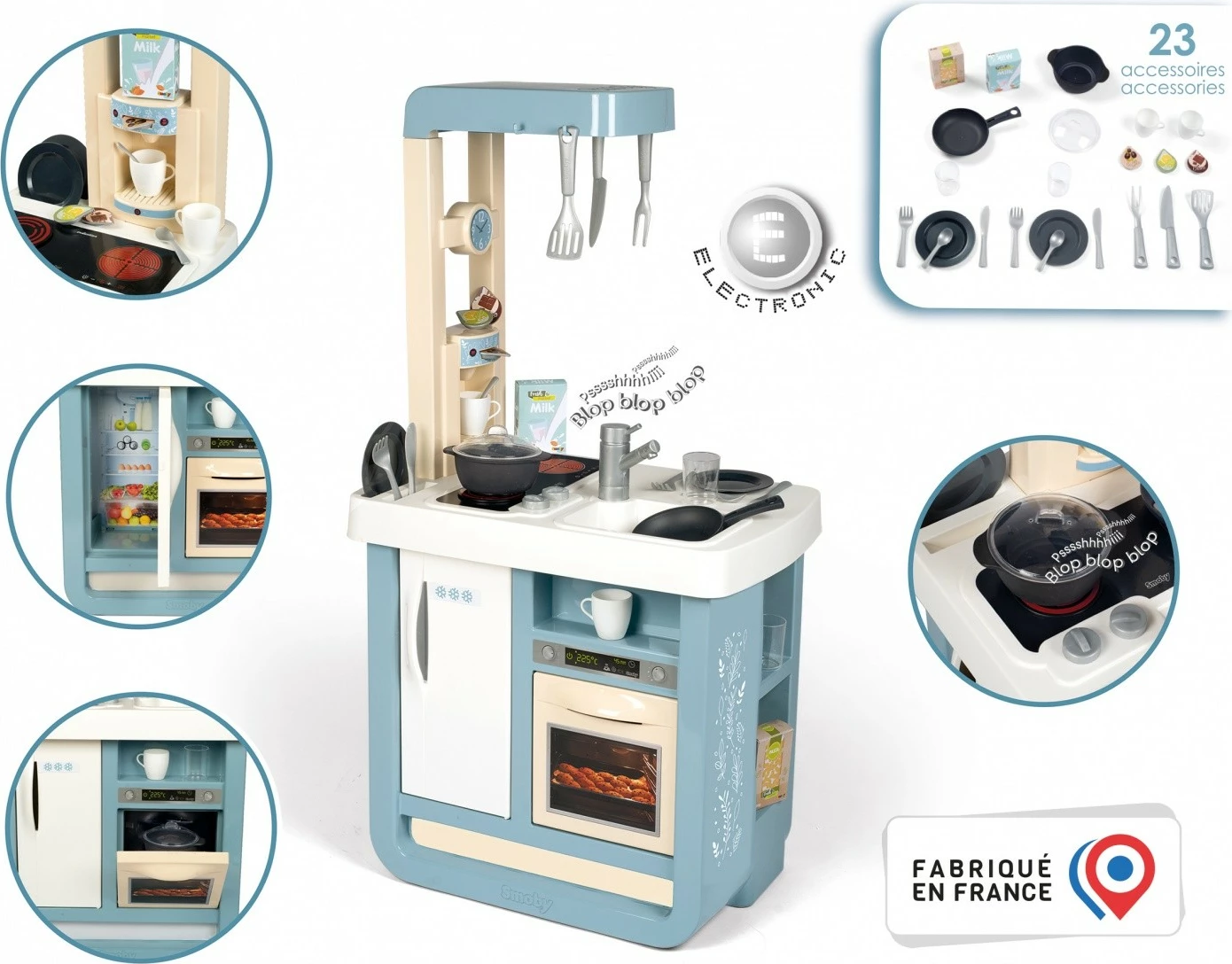 Igralna kuhinja Smoby Bon Apetit, elektronska, z zvoki, 23 dodatki, azurno/bež/bela