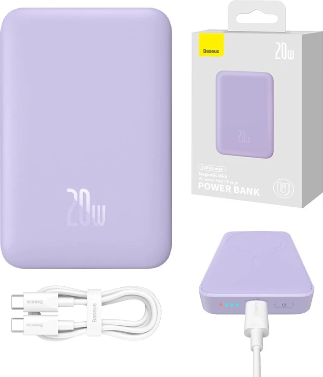 Magnetni powerbank Baseus Magnetic Mini 10000mAh, USB-C 20W, MagSafe, vijoličen