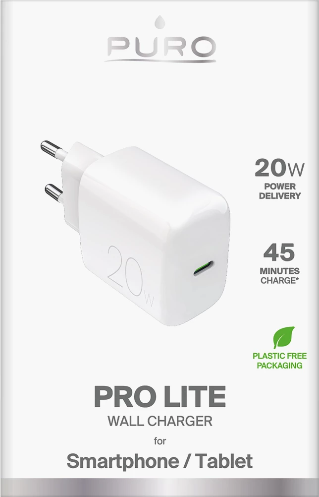 Stenski polnilec Puro PROLITE 20W, USB-C, bel