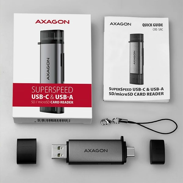 Bralnik kartic AXAGON CRE-SAC, USB 3.2 Gen 1, Type-C + Type-A, siv