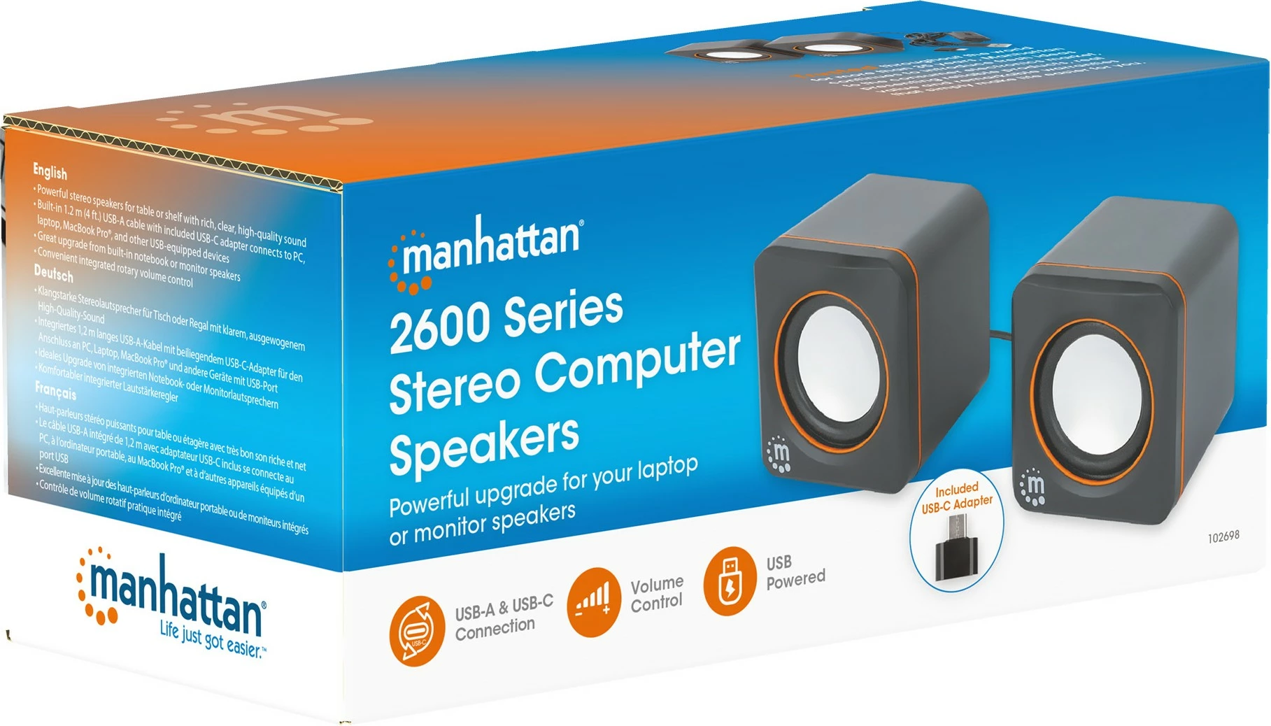 Stereo zvočniki, Manhattan 2600 Series, 2.0 kanal, 6 W, USB-A/USB-C, črno/oranžni