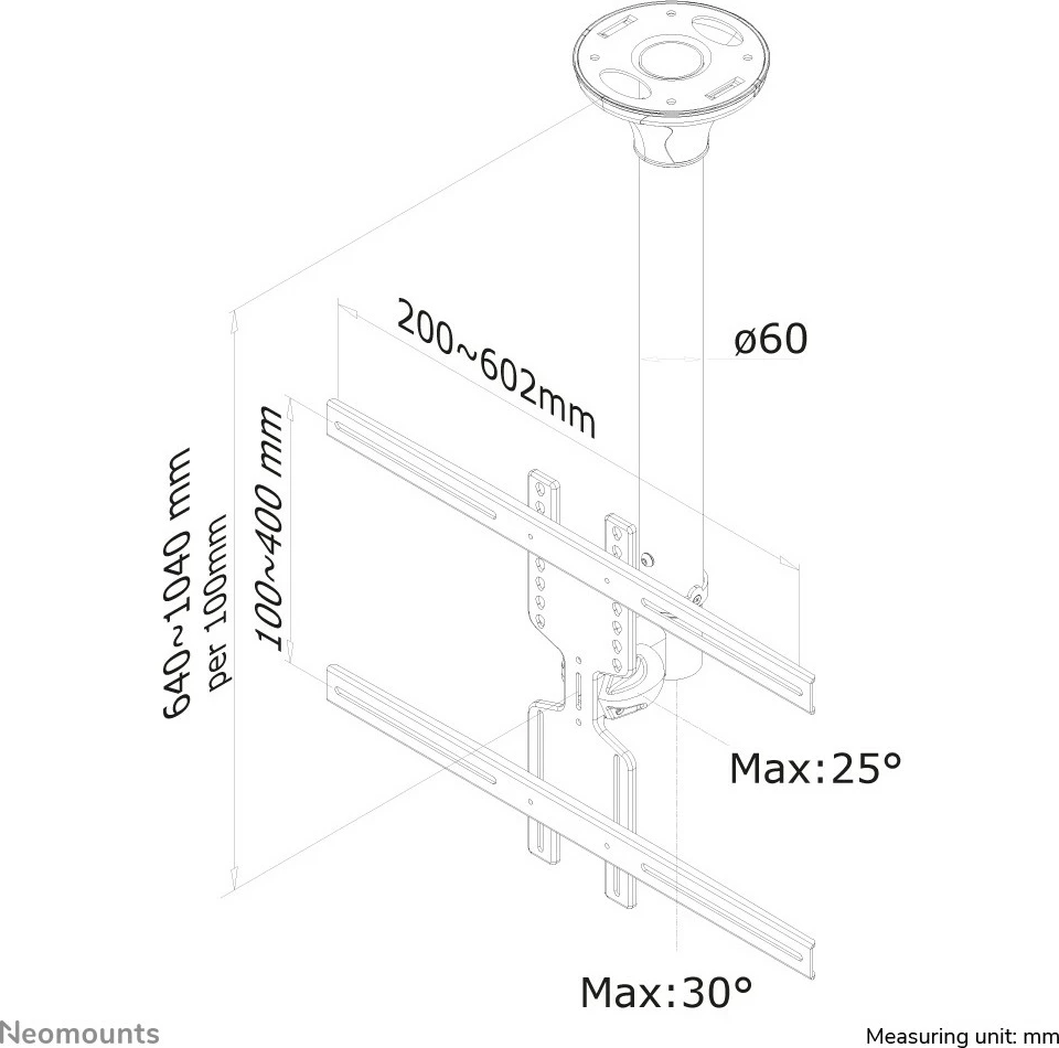 Stropni nosilec za TV/monitor Newstar FPMA-C400BLACK, 32–60 palcev, nastavljiva višina, črna