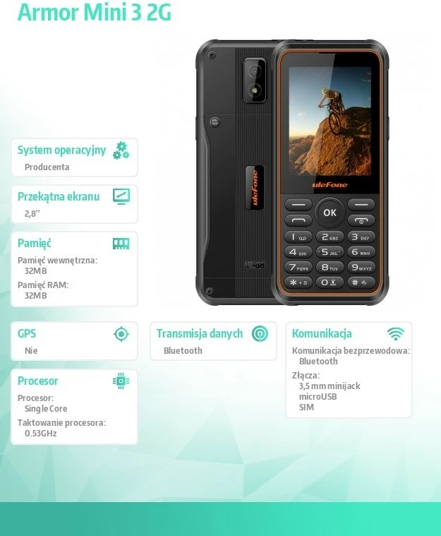 Trpežen 2,8" 2G telefon Ulefone Armor Mini 3, Dual SIM, 32MB/32MB, microSD, IP68, 2100 mAh, Bluetooth, črn