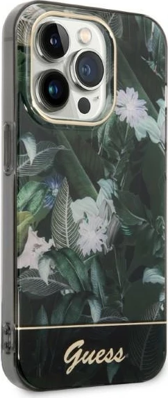 Trd ovitek z rastlinskim vzorcem, Guess Jungle Collection za iPhone 14 Pro 6,1", zelen