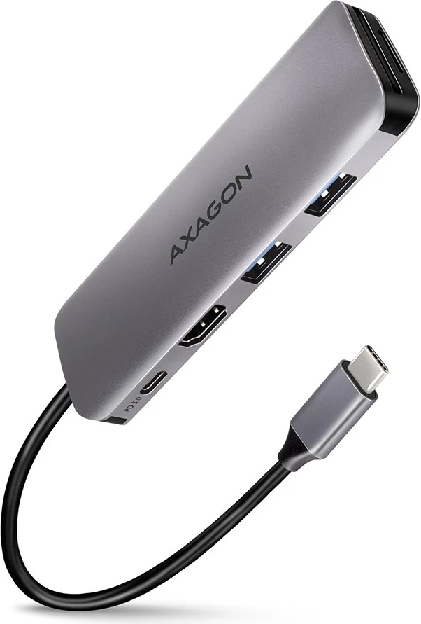 Multiport adapter AXAGON HMC-5, 5 vrat, USB-C, HDMI 4K, SD/microSD, Power Delivery 100W, 20cm, črno/siv