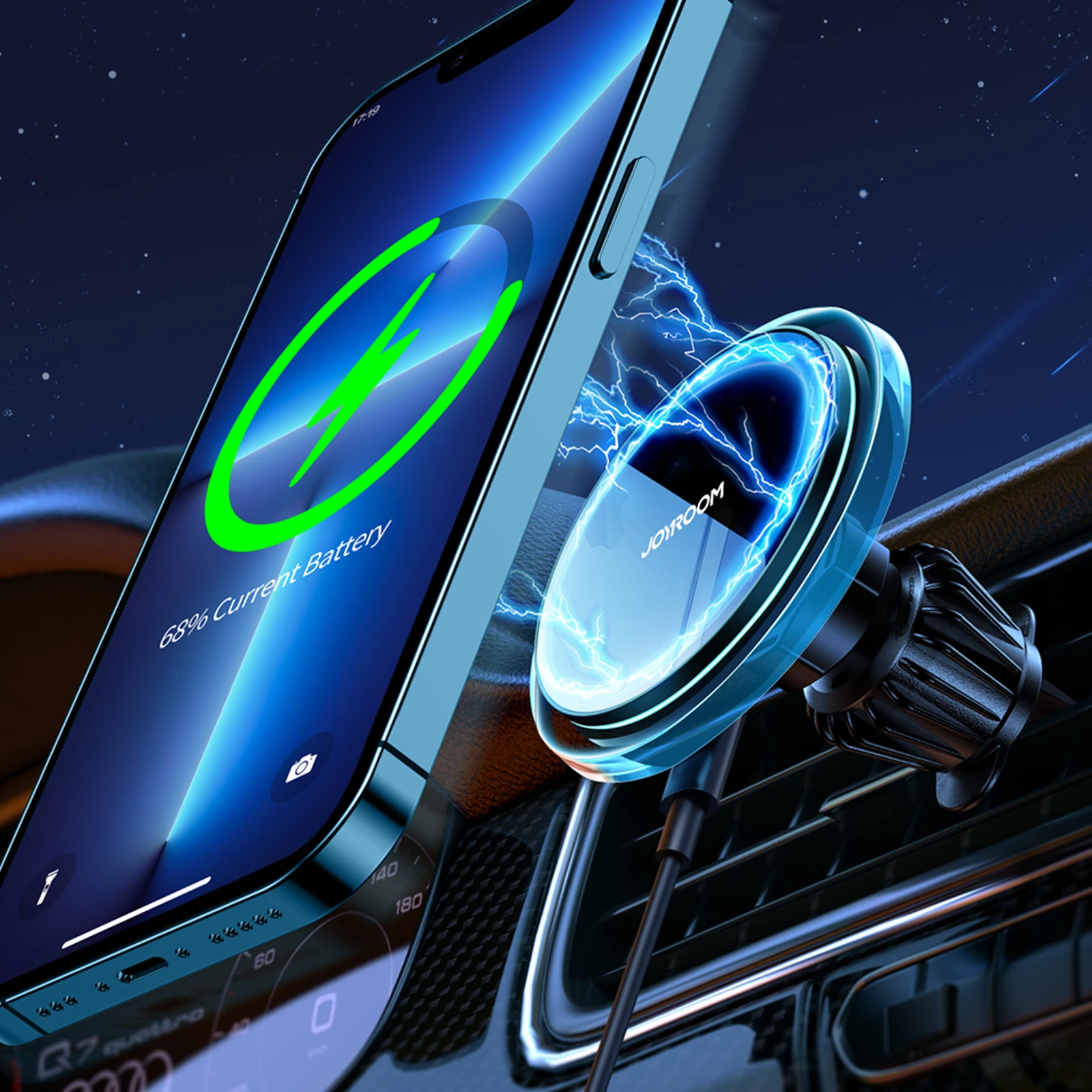 Avtomobilski nosilec z brezžičnim polnjenjem 15W (MagSafe), Joyroom JR-ZS291, za zračni rešetko, 360° vrtenje, s kablom USB-A na USB-C, srebrn