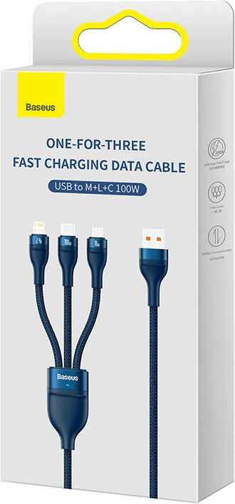 3-v-1 kabel Baseus Flash Series, 1,2 m, 100 W, USB-C + micro USB + Lightning, modra