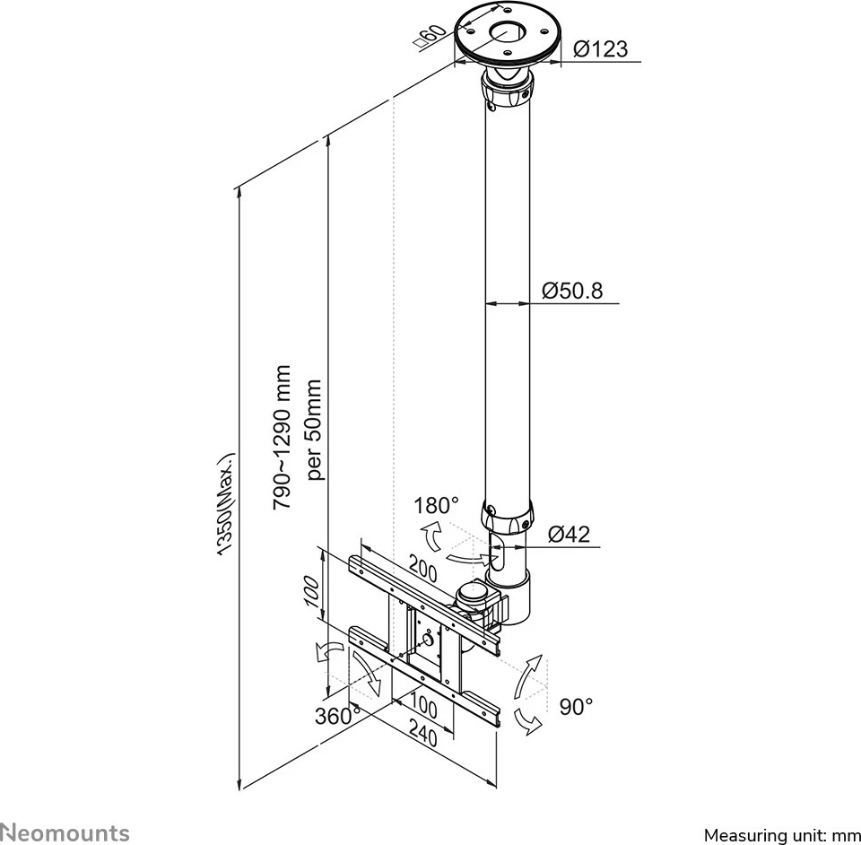 Stropni nosilec za monitor Neomounts FPMA-C100, 12 kg, 25,4 cm (10") - 76,2 cm (30"), 75 x 75 mm, 200 x 100 mm, 790 - 1290 mm, črn